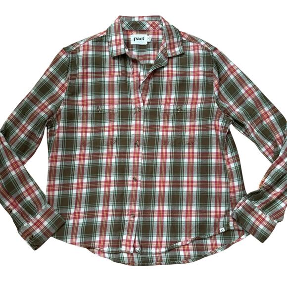 pact Red Green Plaid Flannel Shirt Button Down Organic Cotton Grunge Fall Cabin - Picture 1 of 9
